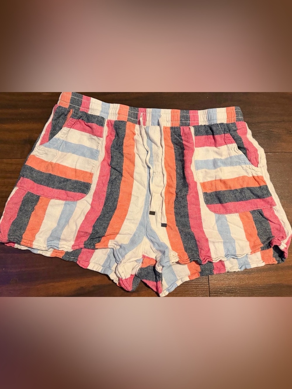 Terra & Sky Pink Orange Navy White Striped Drawstring Athletic Shorts